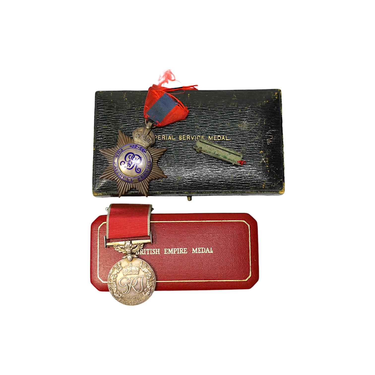 A cased George VI civil issue British Empire medal, awarded to George Watson, together with a cased George V Imperial Service Medal awarded to Richard Braid (2). Condition - fair to good